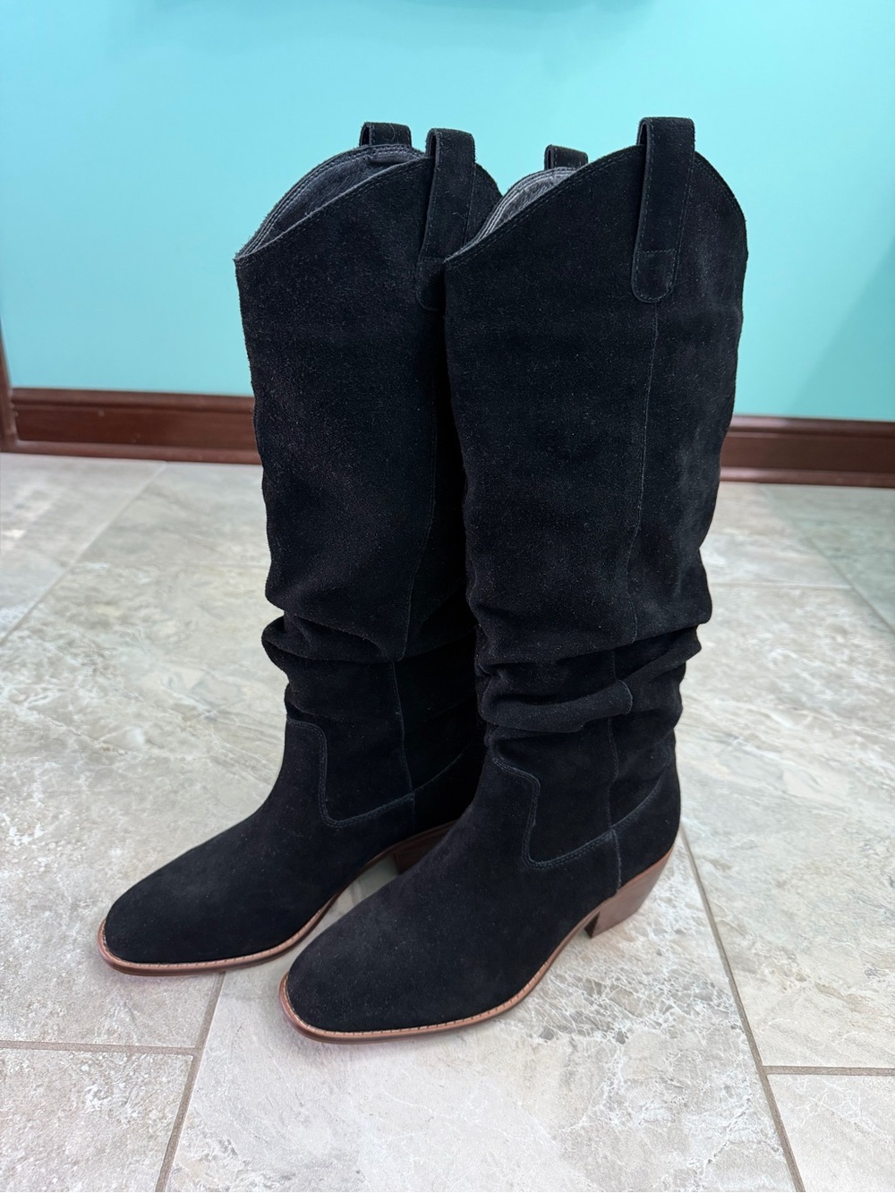 Black Knee High Suede Leather Slouch Boots for Women